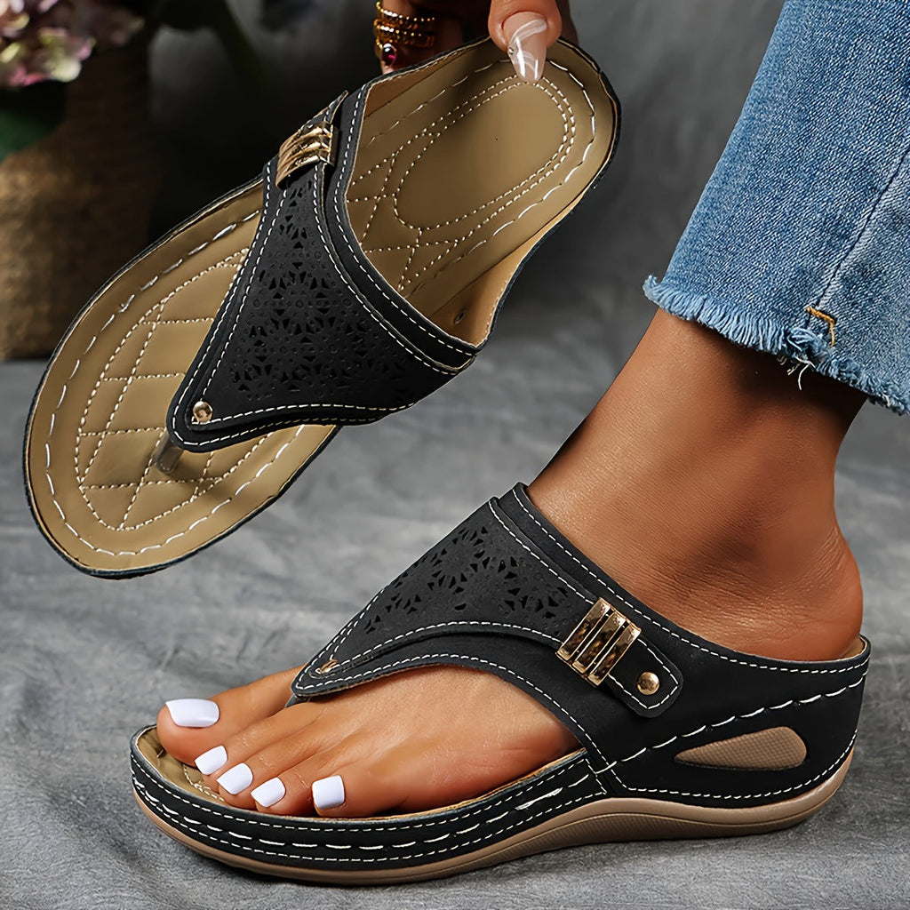 Odile | Womens Studded Toe Post Wedge Flip Flop Sandals - 6