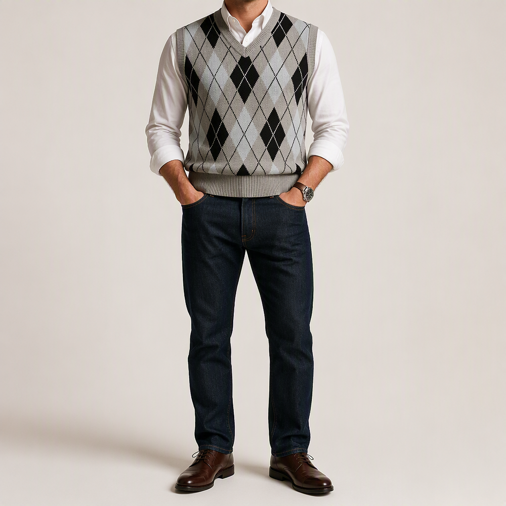 Orson | Mens Argyle V Neck Knitted Jumper Sweater Vest, Grey