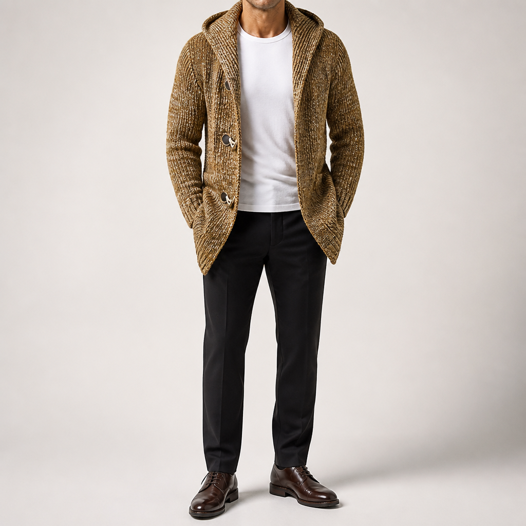 Osborn | Mens Long Hooded Toggle Knitted Warm Cardigan, Khaki