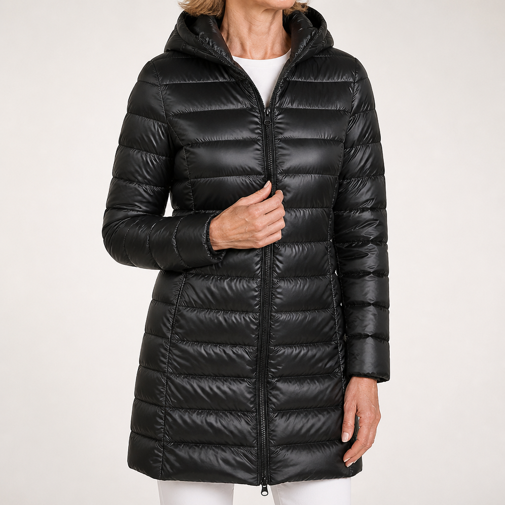 Pascal | Womens Puffer Jacket Hooded Longline Lightweight Long Puffer Coat, Black
