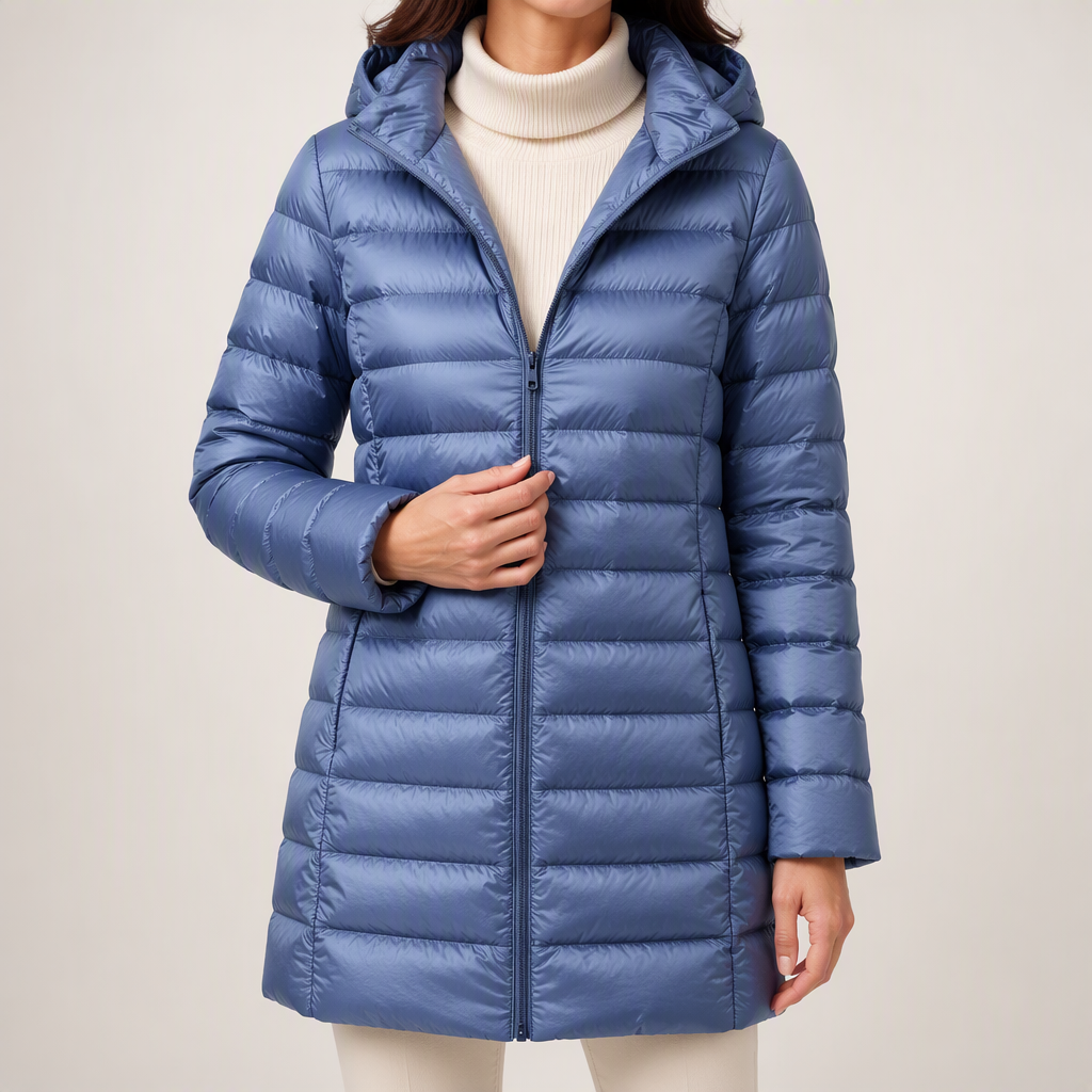 Pascal | Womens Puffer Jacket Hooded Longline Lightweight Long Puffer Coat, Blue