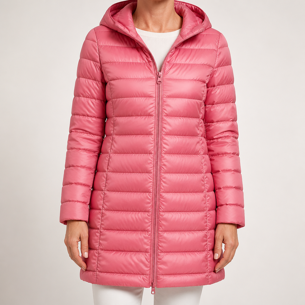 Pascal | Womens Puffer Jacket Hooded Longline Lightweight Long Puffer Coat, Pink
