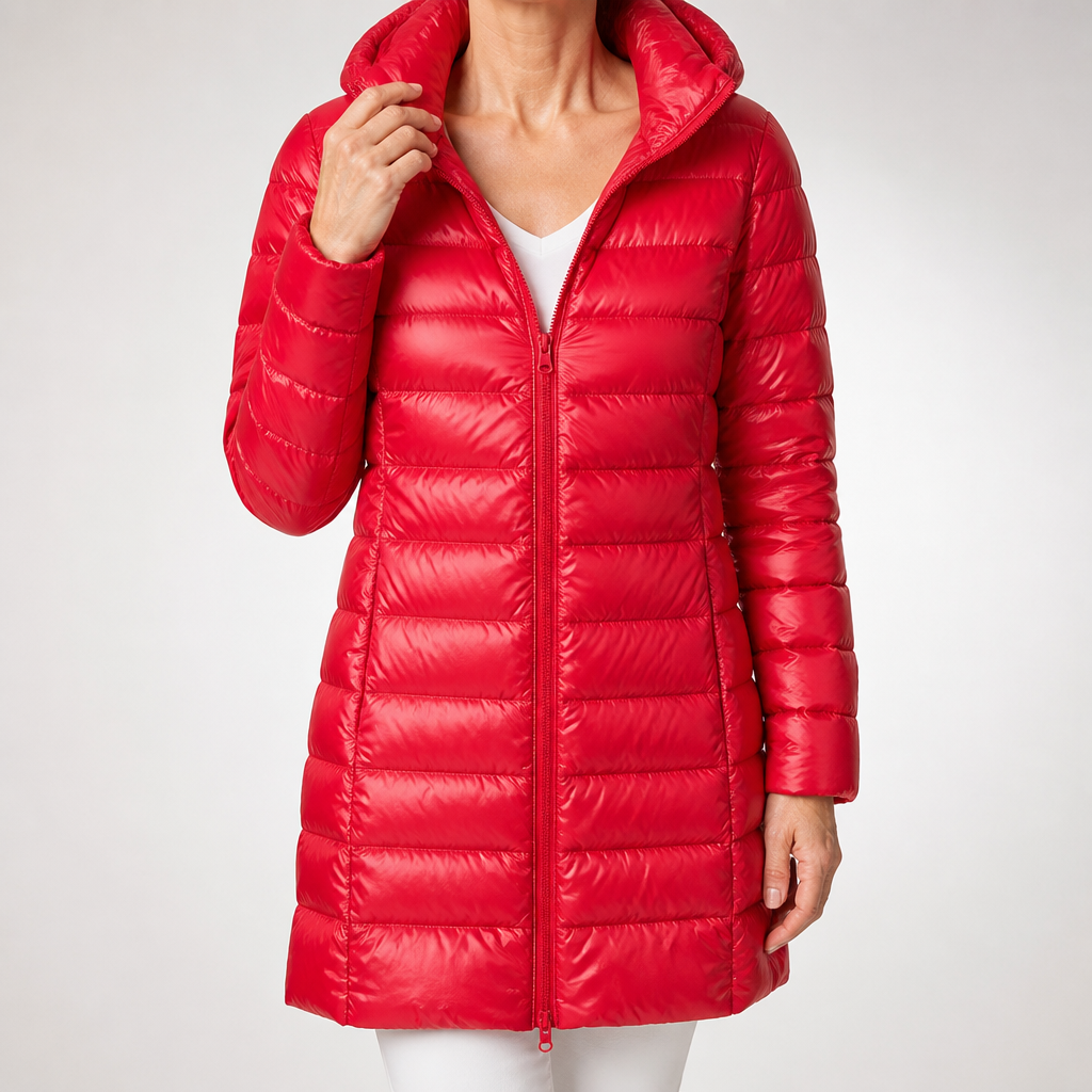 Pascal | Womens Puffer Jacket Hooded Longline Lightweight Long Puffer Coat, Red