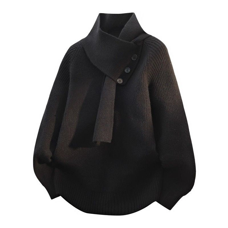 Pearl | Womens Scarf Collar Wool Knit Sweater, Black