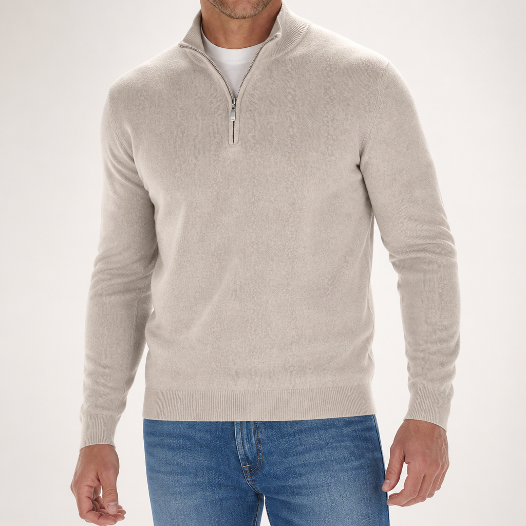 Peregrine | Mens Long Sleeve Zip Wool Casual Polo Shirt, Creamy