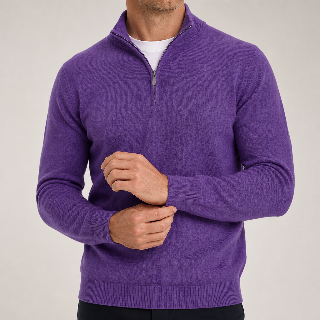 Peregrine | Mens Long Sleeve Zip Wool Casual Polo Shirt, Dark Rple