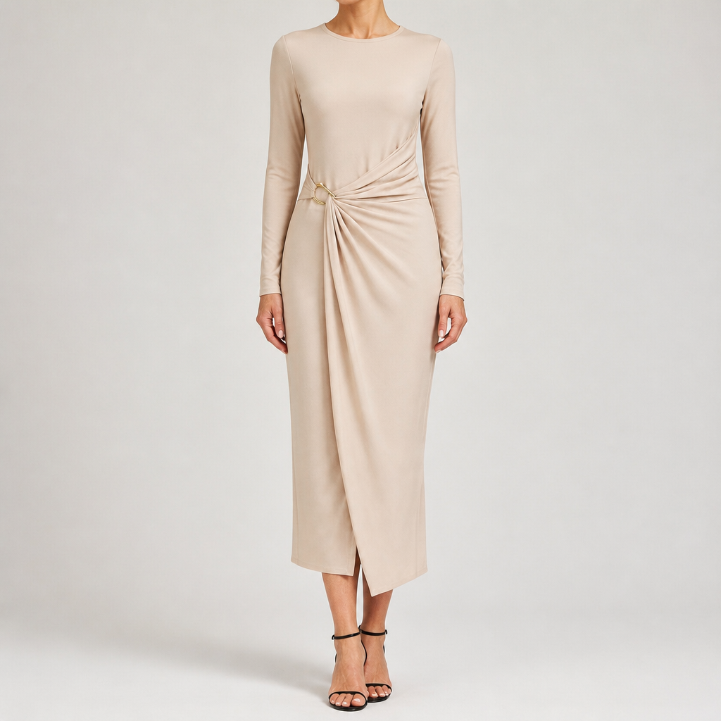 Petra | Womens Wedding Guest Long Sleeve Bodycon Midi Prom Dress, Cream White