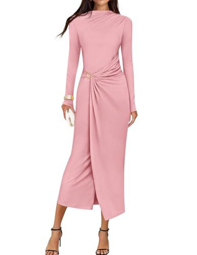 Petra | Wedding Guest Long Sleeve Bodycon Midi Dress Prom Knit Bridesmaid - Pink