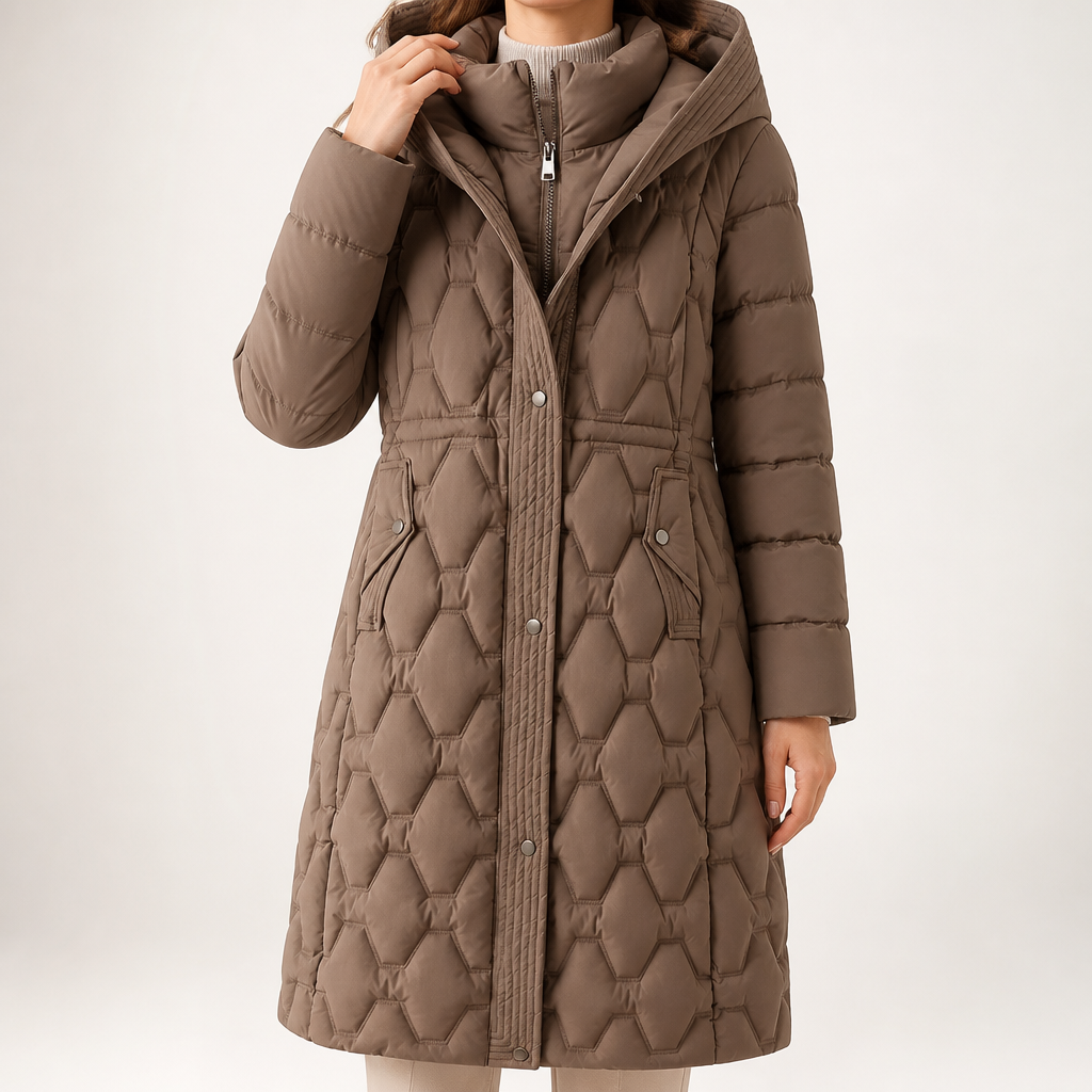 Philippa | Womens Padded Waist Cinching Warm Winter Long Coat, Brown