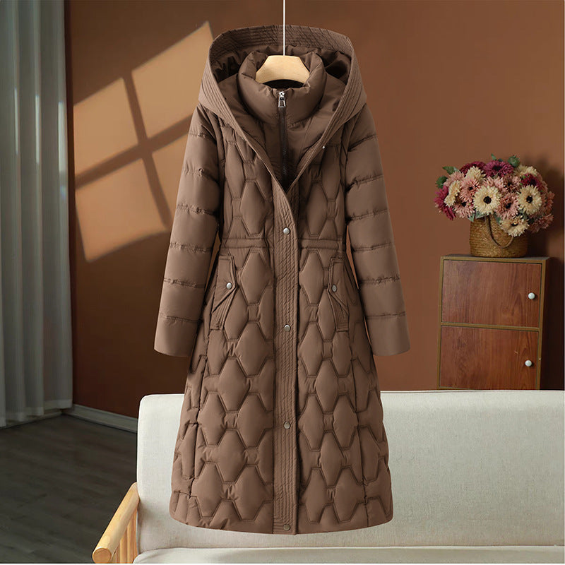 Philippa | Womens Waist Cinching Padded Long Coat - Brown