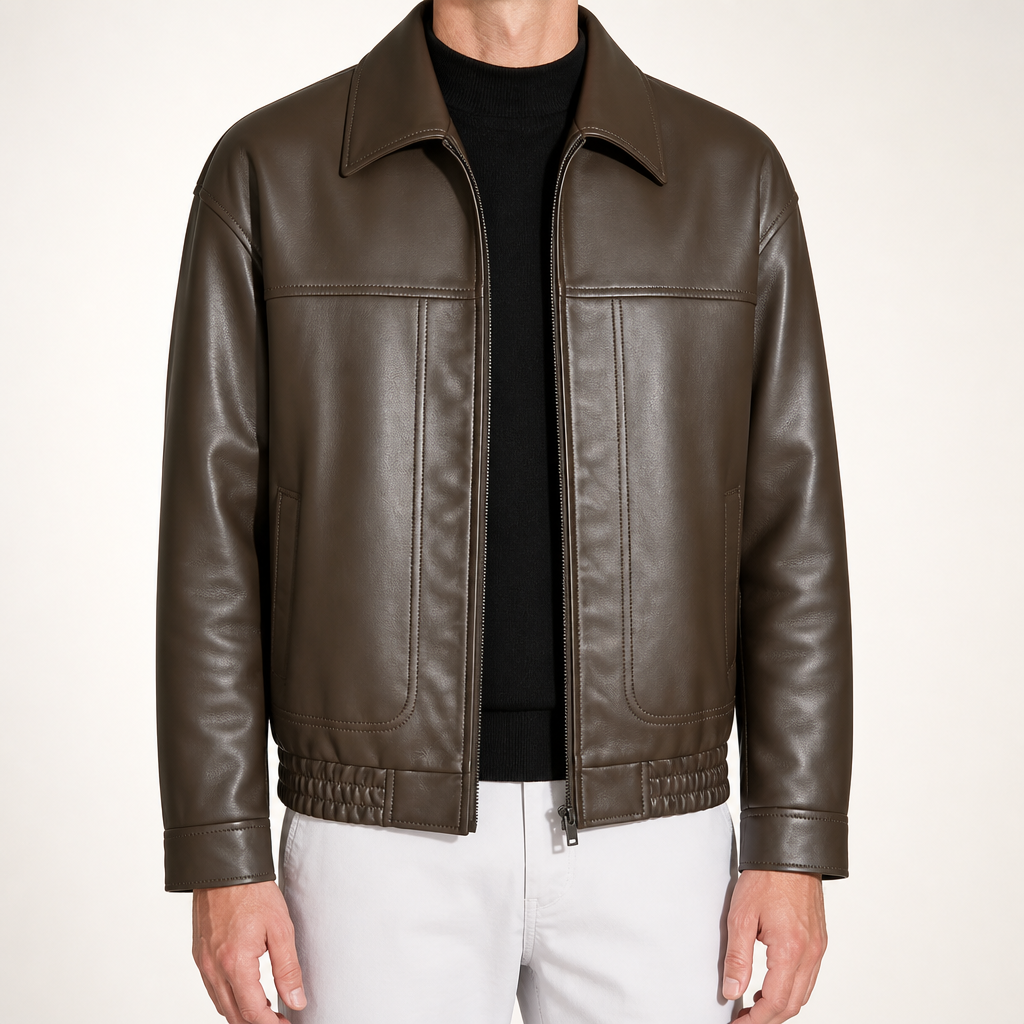 Pierce | Mens Lapel Faux Leather Autumn Down Jacket, Coffee