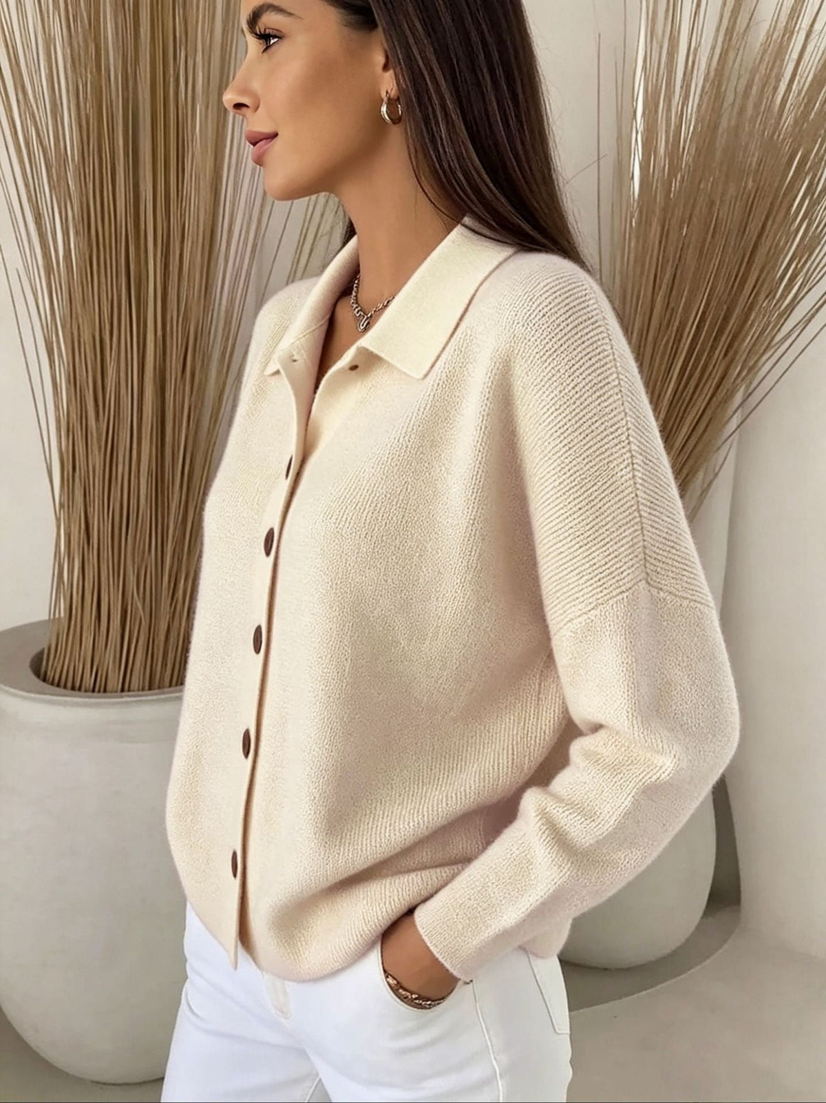 Polly | Womens Collared Knit Cardigan Sweater, Apricot