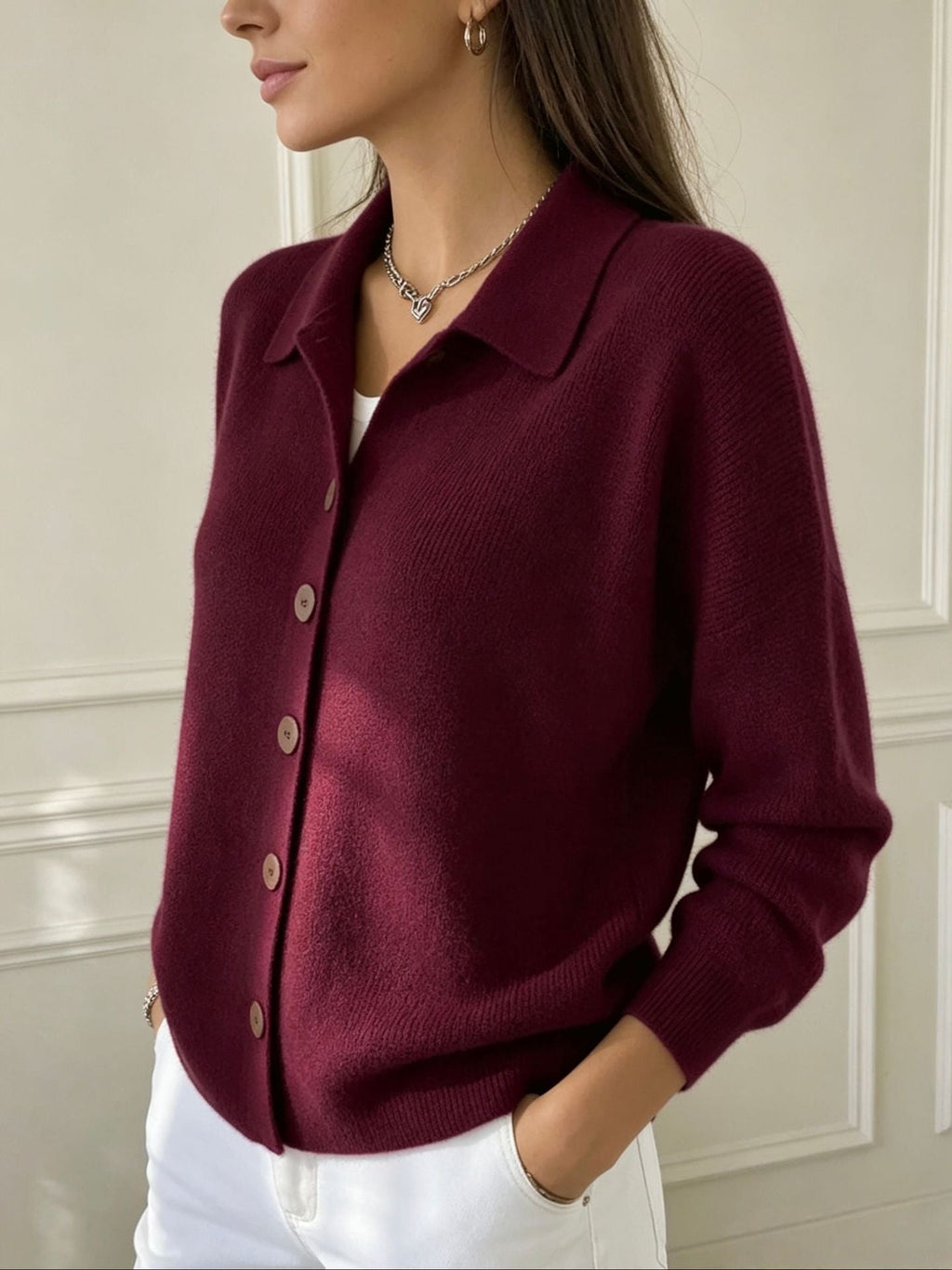 Polly | Womens Collared Knit Cardigan Sweater, Burgundy