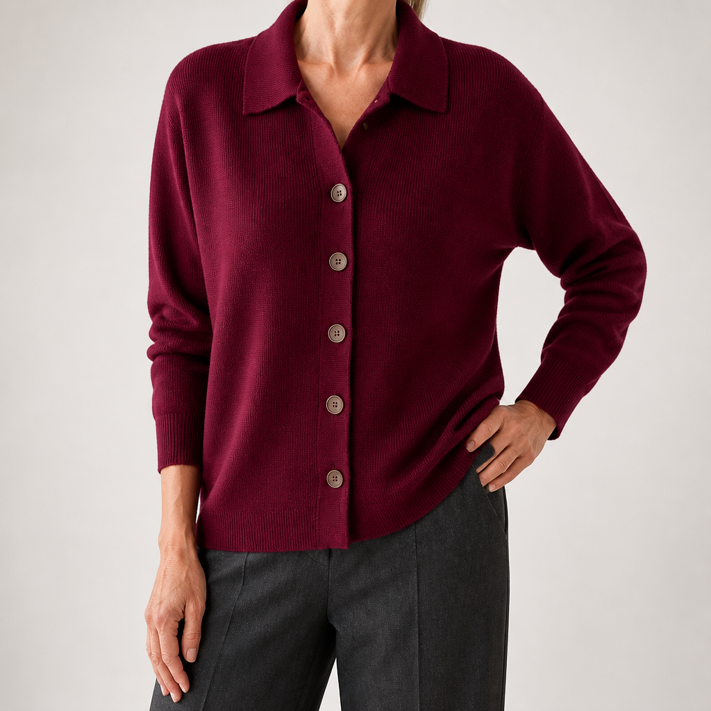 Polly | Womens Collared Knit Cardigan Jumper, Burgundy
