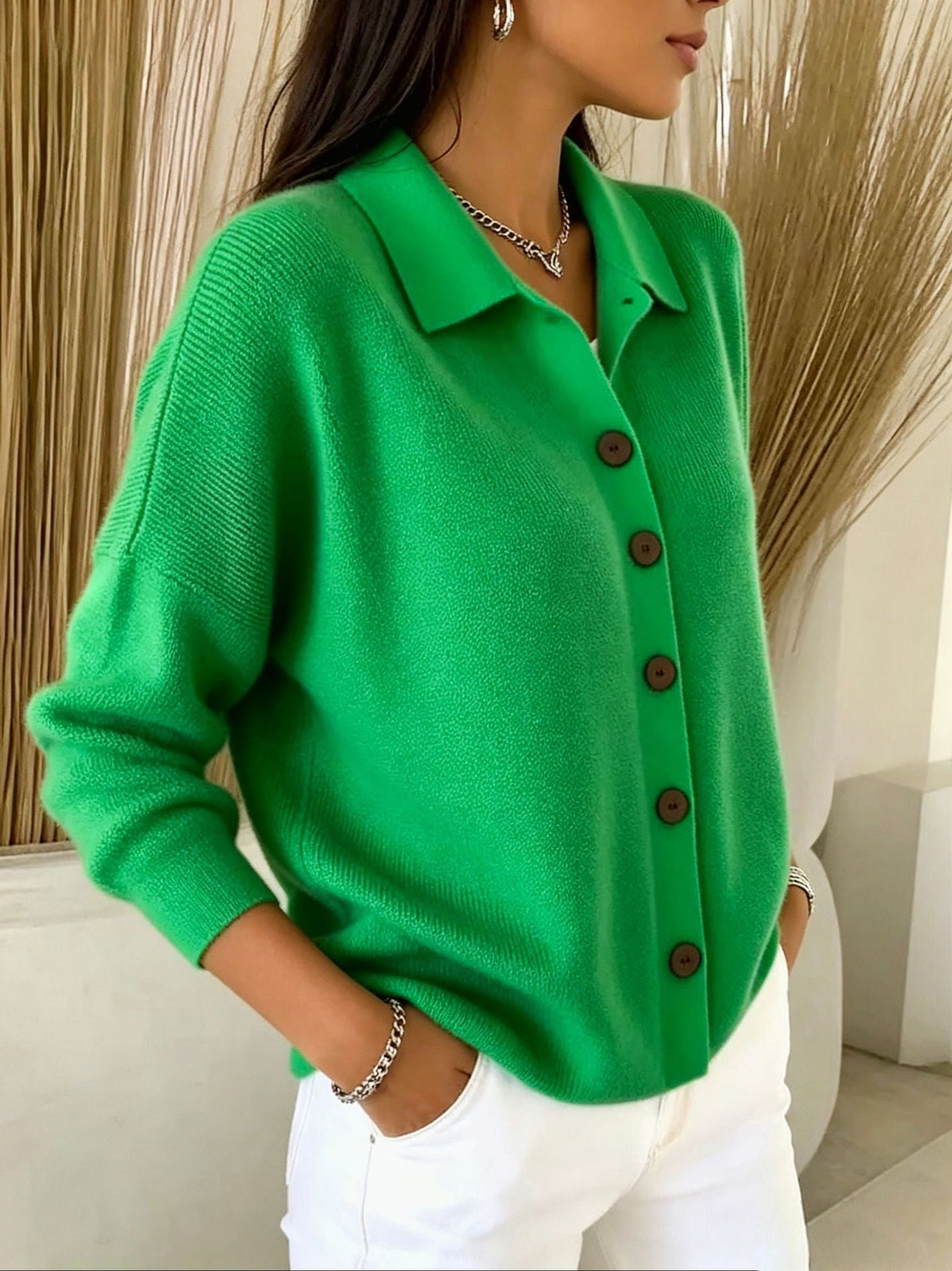 Polly | Womens Collared Knit Cardigan Sweater, Grass Green