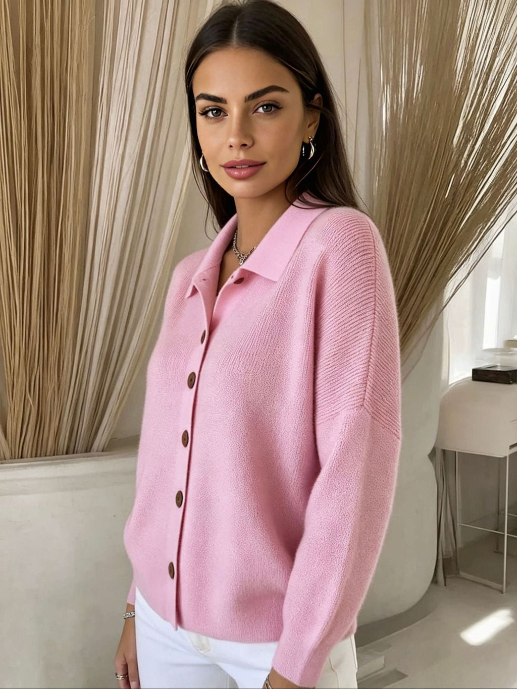 Polly | Womens Collared Knit Cardigan Sweater, Pink