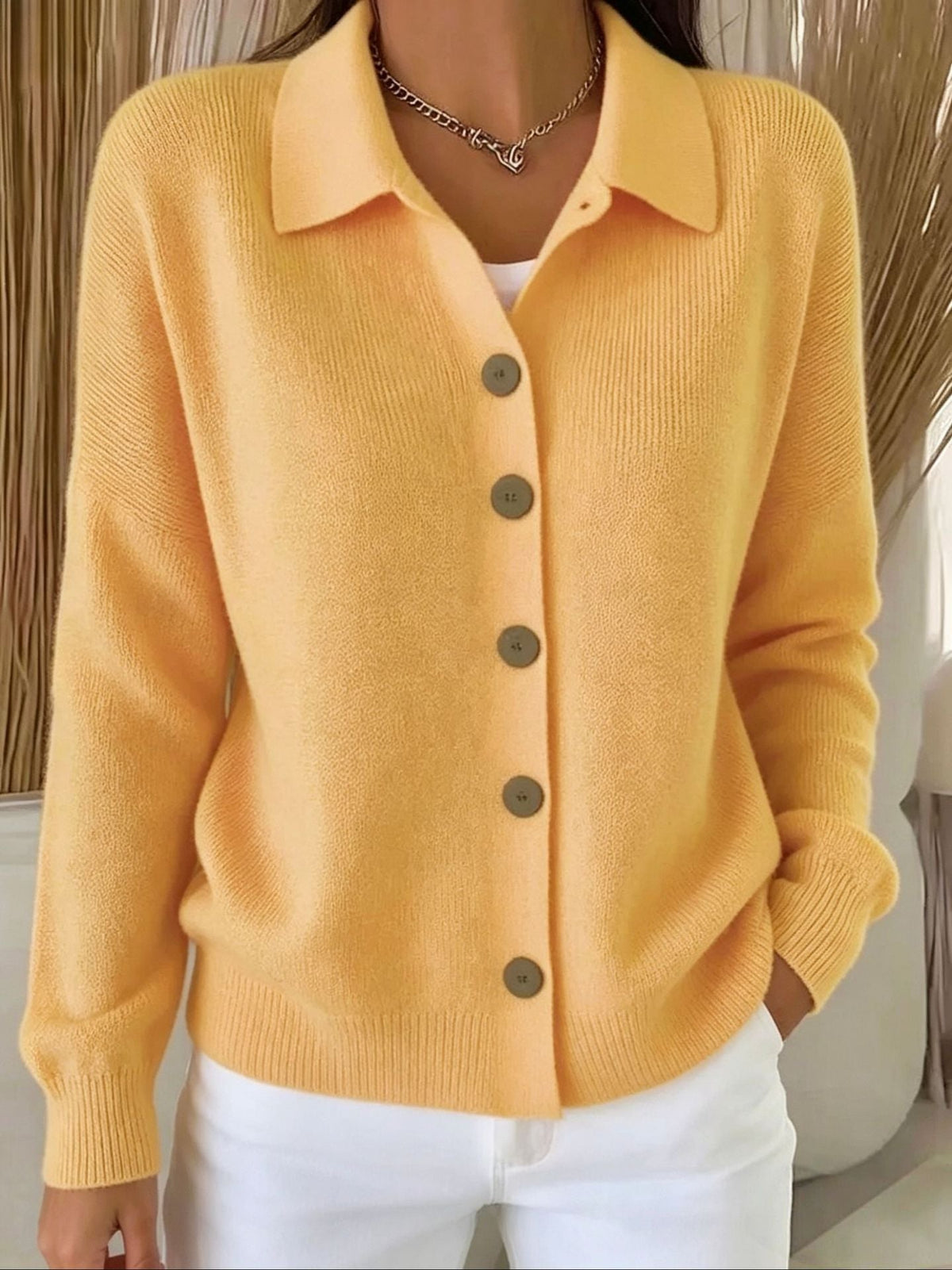 Polly | Womens Collared Knit Cardigan Sweater, Yellow