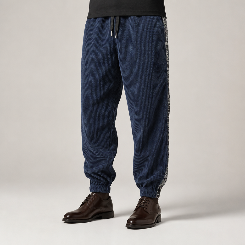 Quill | Mens Corduroy Straight Casual Loose Patchwork Trousers, Navy