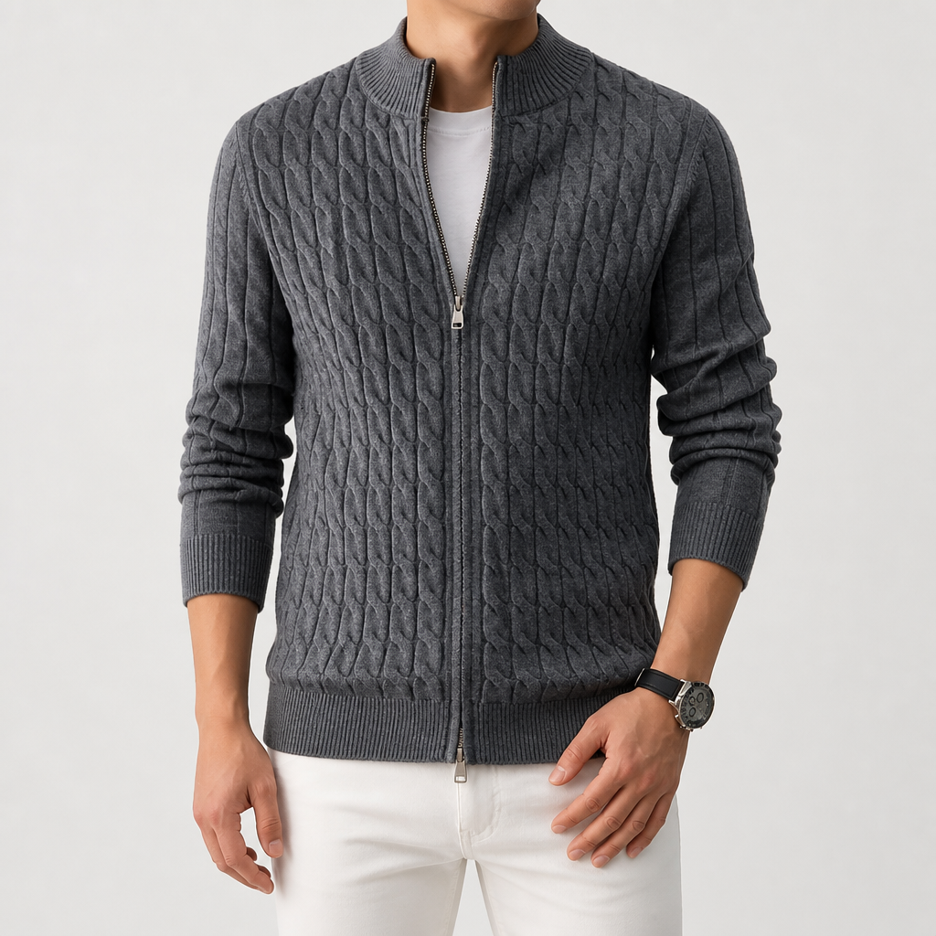Reginald | Mens Jacquard Knit Heavyweight Thick Warm Jumper Cardigan, Grey