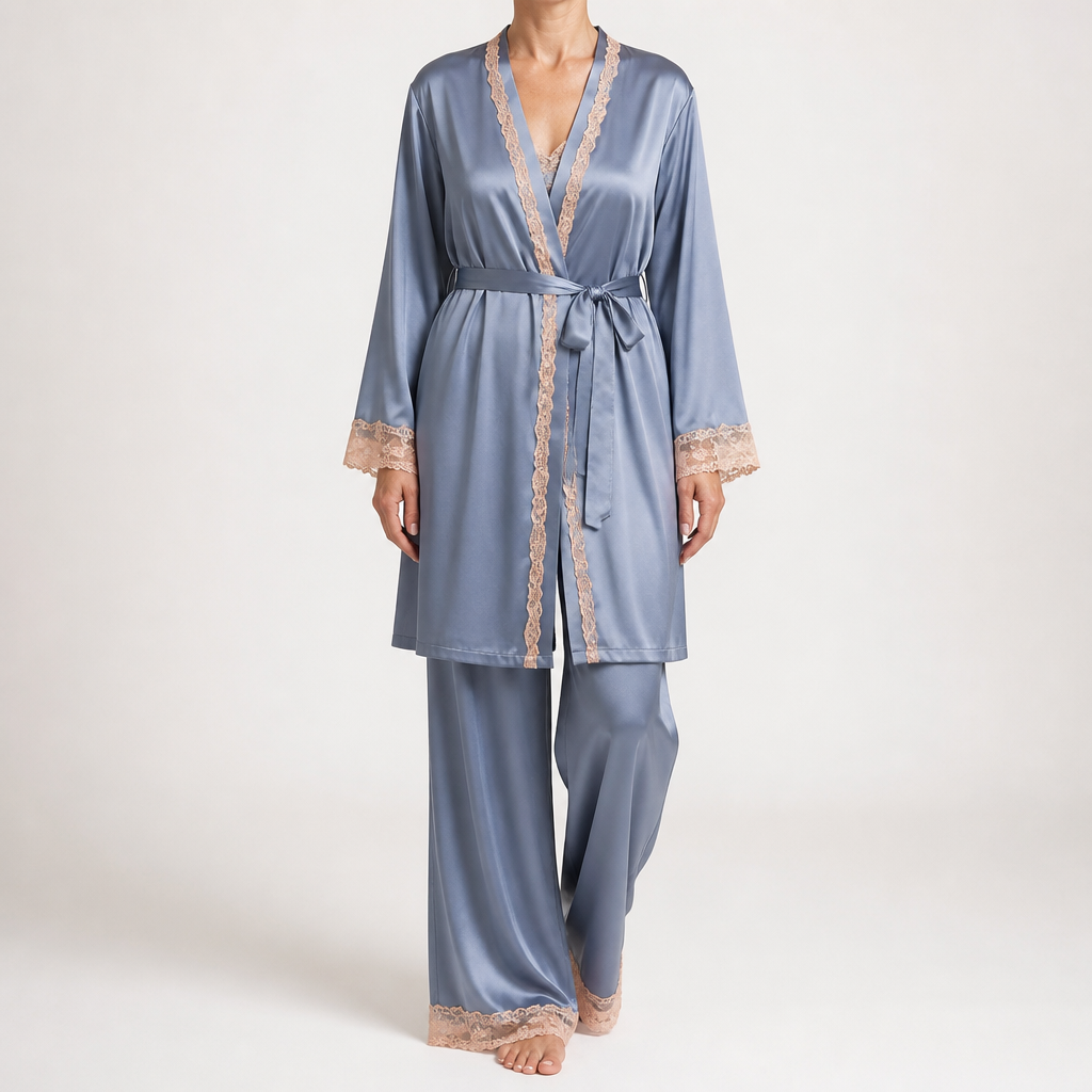 Beatrice | Womens Satin Cami Robe Lounge Set, Grey