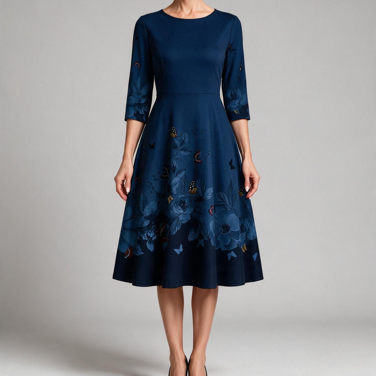 Marguerite | Womens Wedding Guest Floral Round Neck Straight Midi Dress Dark Blue