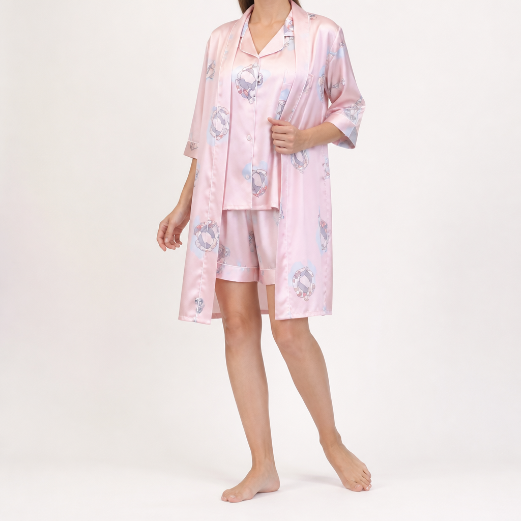 Odette | Womens Short Sleeve Satin Pyjama Set, Pink 2