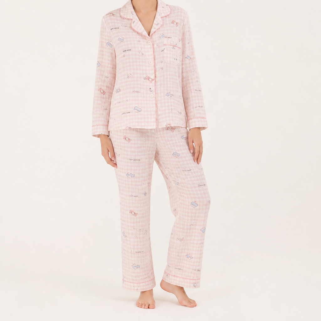 Beatrix | Womens Long Sleeve Cotton Pyjama Set Loungewear, Pink 2