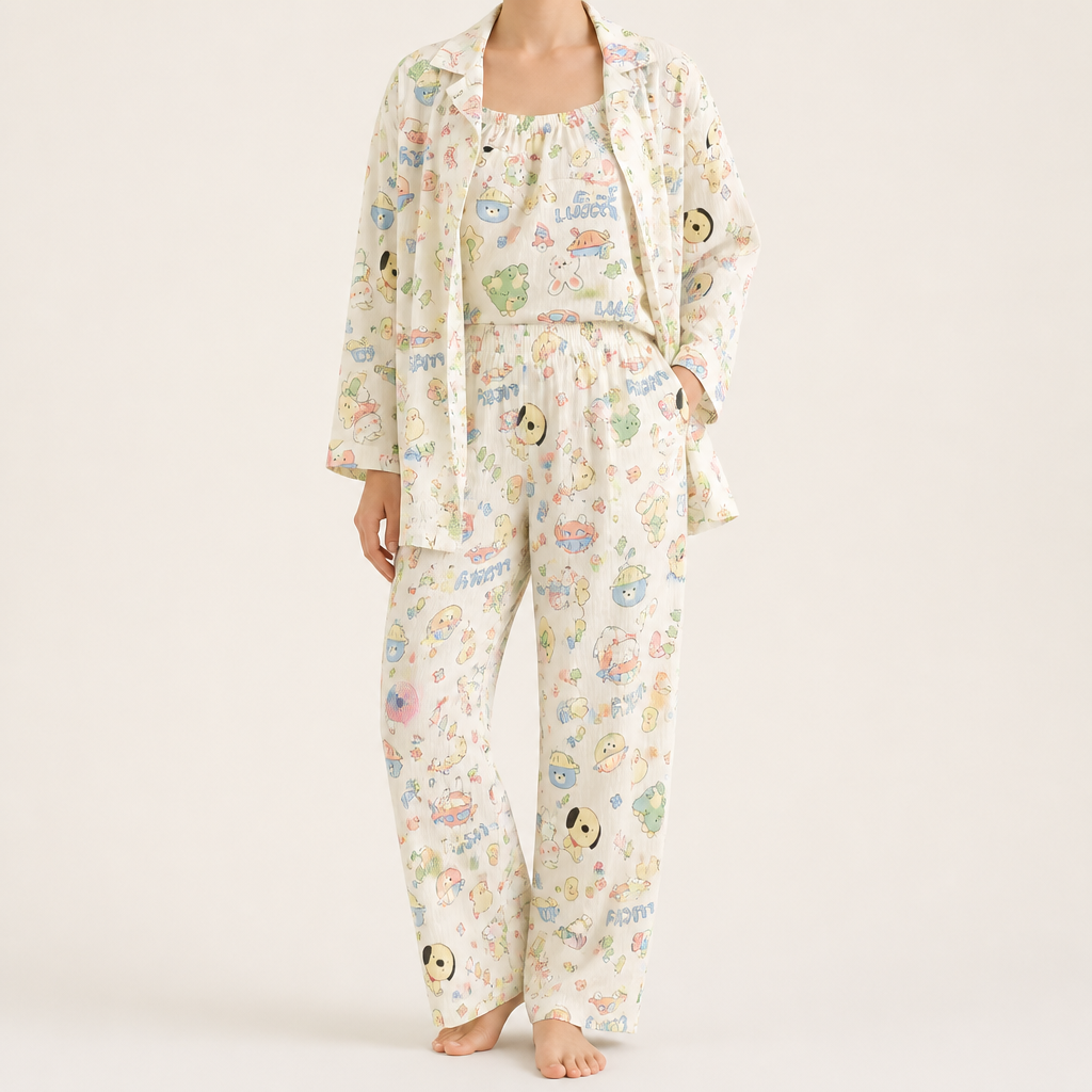 Rosalind | Womens Long Sleeve Button Up Cotton Pyjama Set Loungewear, Cream 9