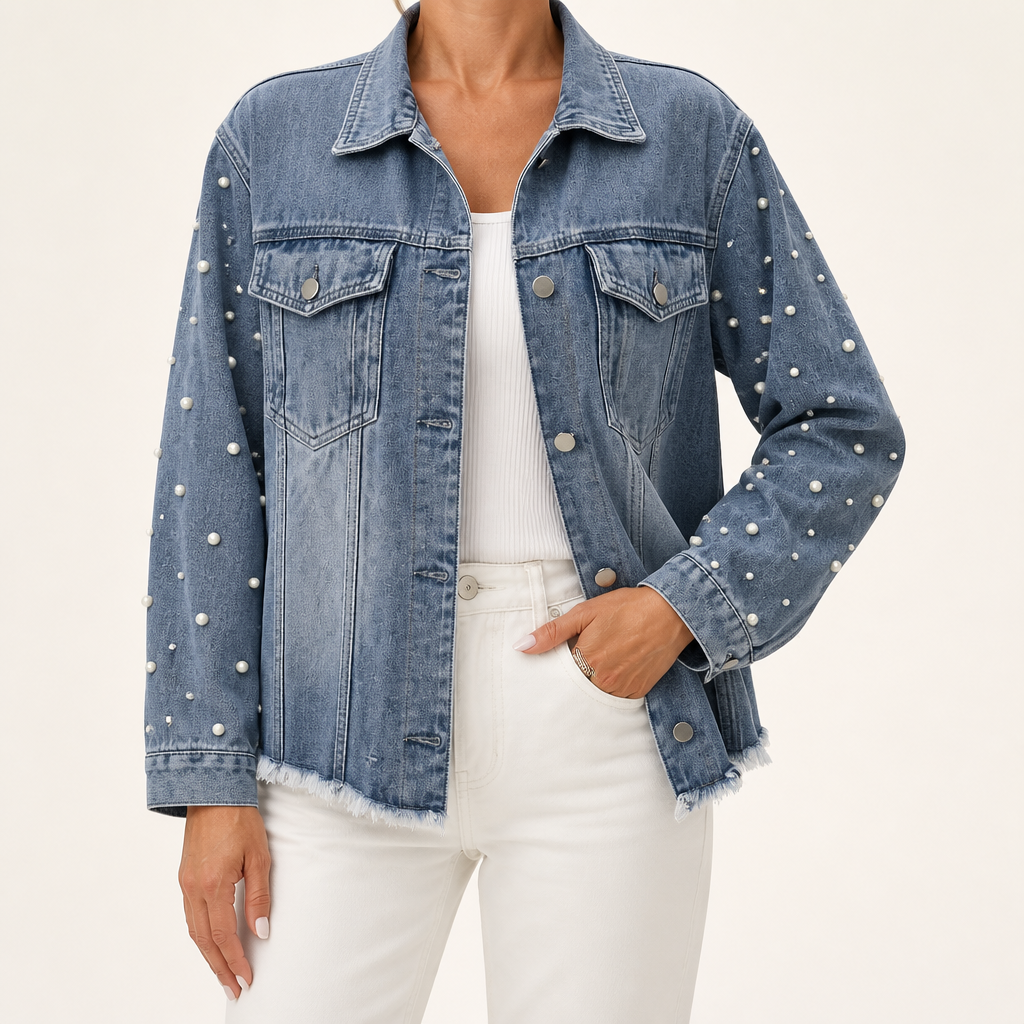 Cordelia | Womens Hooded Beaded Denim Jacket, Blue