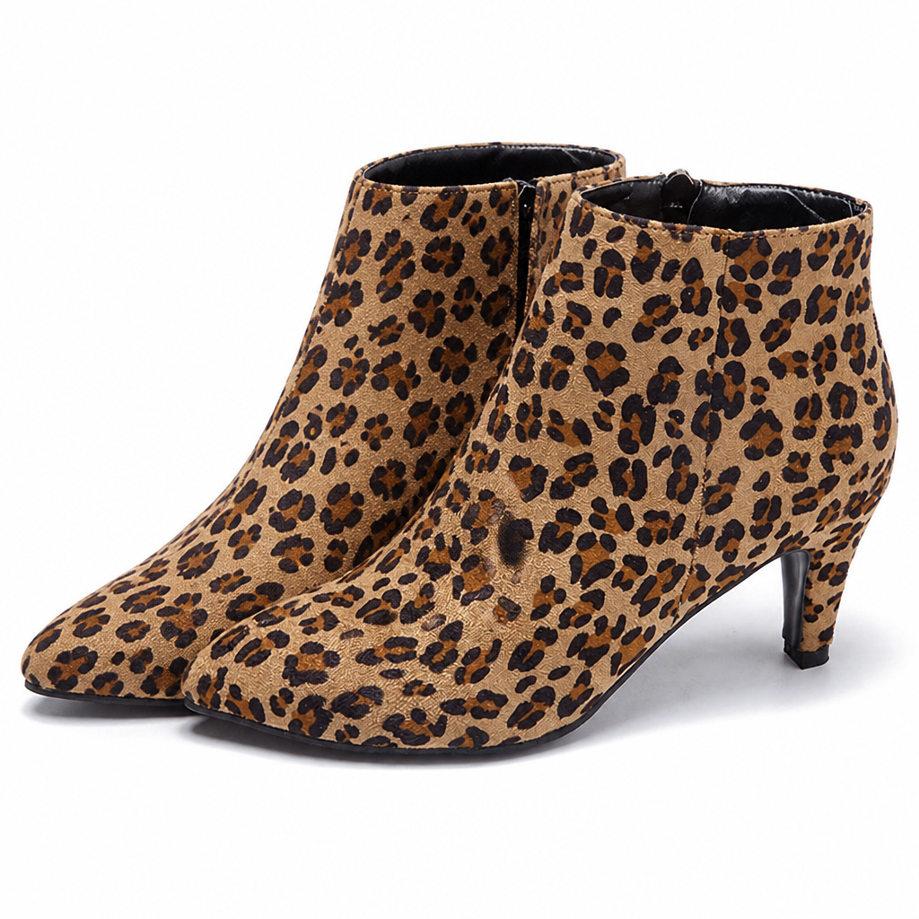 Noelle | Womens Pointed Toe Stiletto Heel Ankle Boots Suede Booties Leopard Print packshot