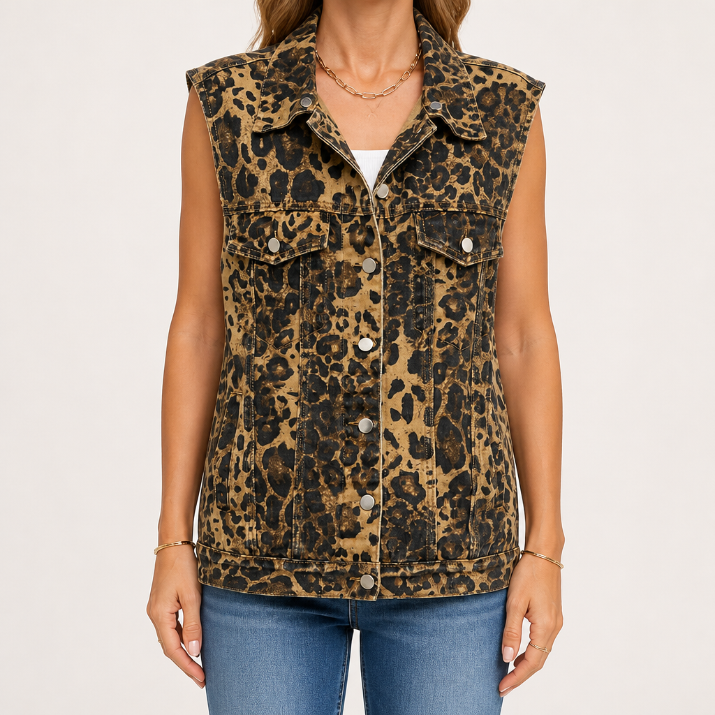 Cordelia | Womens Vintage Sleeveless Denim Gilet Waistcoat, Leopard Print