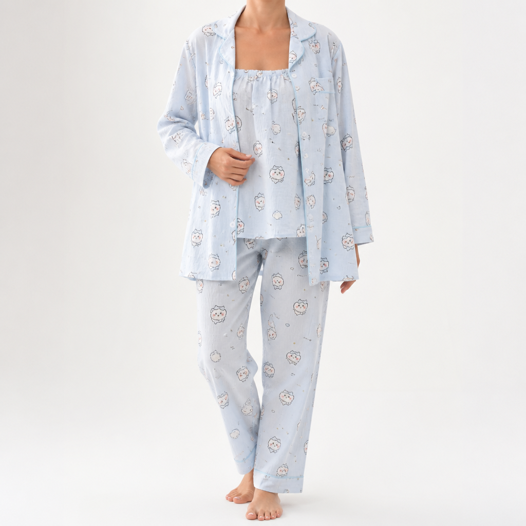 Rosalind | Womens Long Sleeve Button Up Cotton Pyjama Set Loungewear, Light Blue