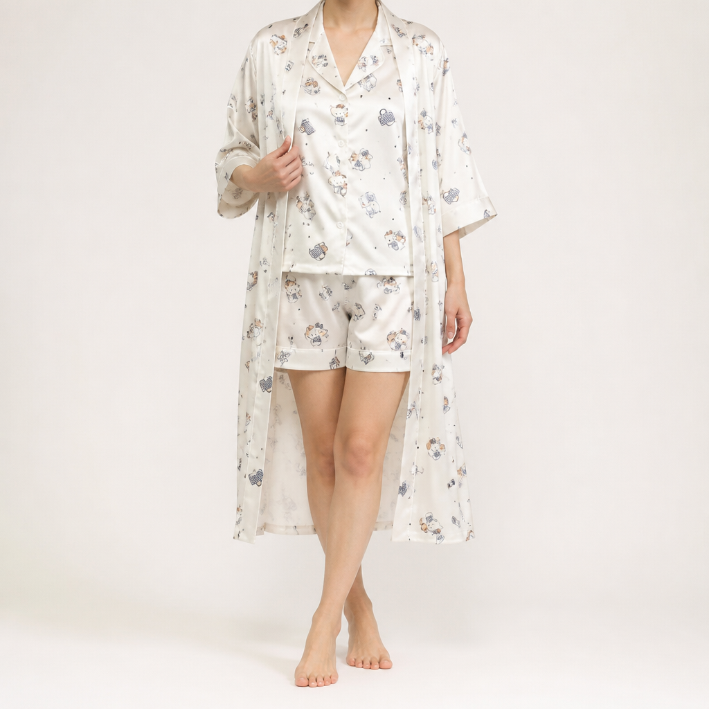 Odette | Womens Short Sleeve Satin Pyjama Set, Cream