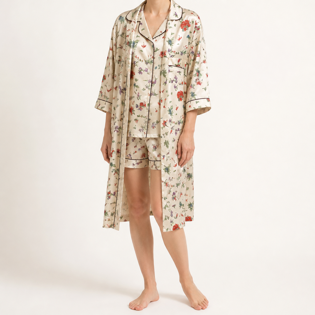 Odette | Womens Short Sleeve Satin Pyjama Set, Ivory 2