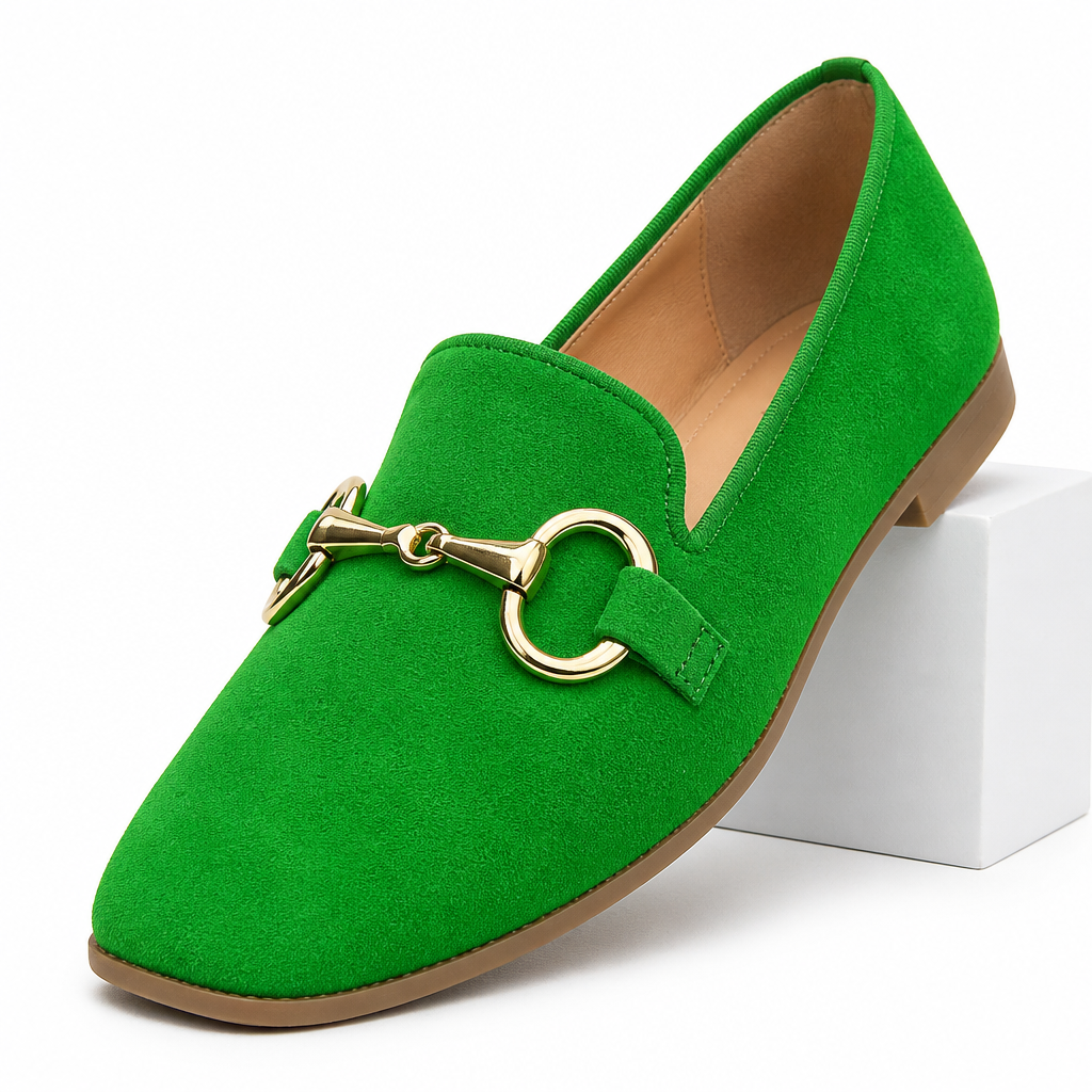 Corinne | Womens Loafers Suede Square Toe Buckle Black Loafers Green packshot