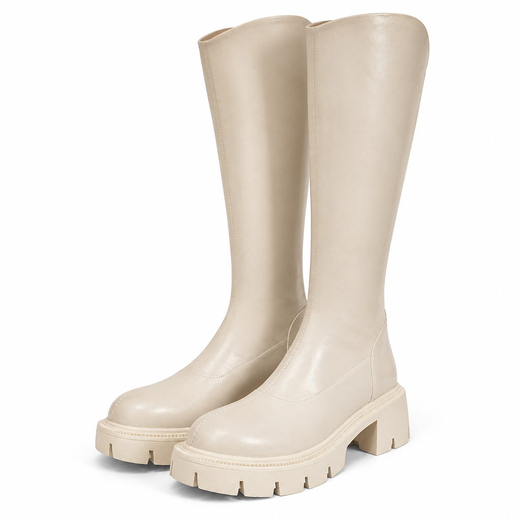 Petra | Womens Knee High Chunky Thick Heel Knight Boots Cream packshot