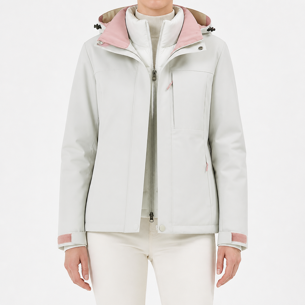 Imogen | Womens Waterproof Hooded 3-in-1 Jacket Fleece Lined, White & Coral Pink 2