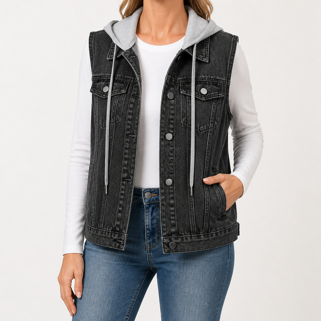 Genevieve | Womens Hooded Denim Gilet, Charcoal Grey 2
