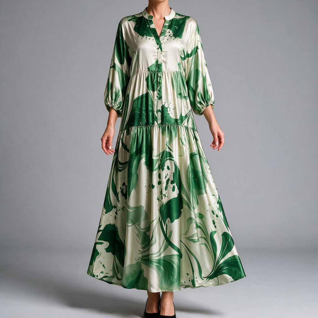 Ulric | Womens Dress Printed Long Sleeve V Neck Loose Maxi Dress Green