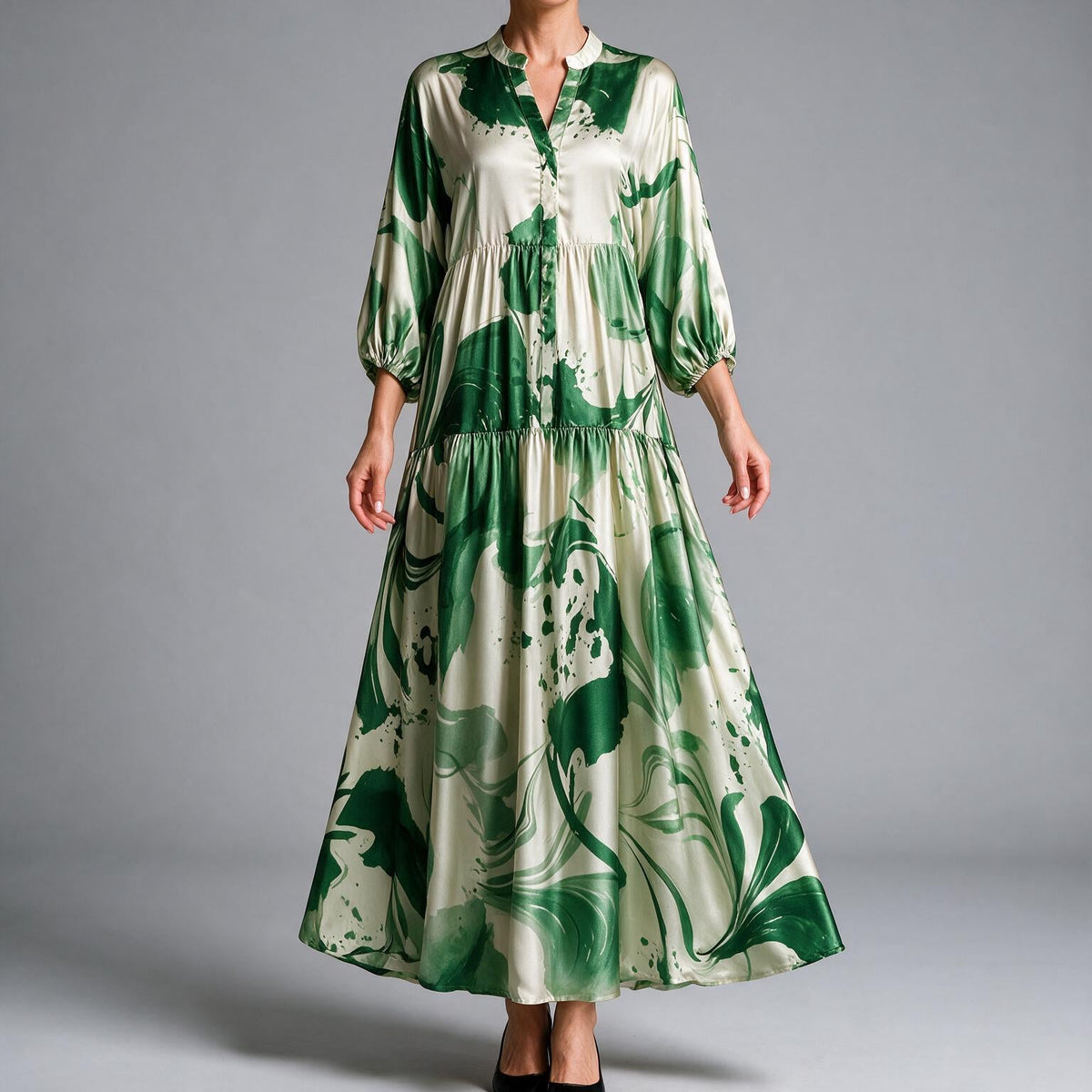 Ulric | Womens Dress Printed Long Sleeve V Neck Loose Maxi Dress Green