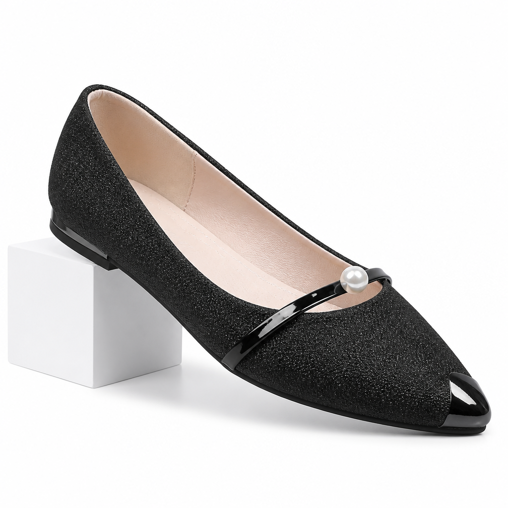 Marceline | Womens Pointed Toe Pearl Flats Slip on Loafers Black 2 packshot