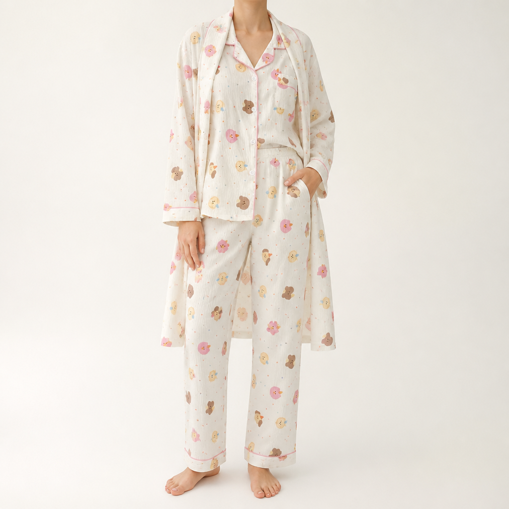 Rosalind | Womens Long Sleeve Button Up Cotton Pyjama Set Loungewear, Ivory 3