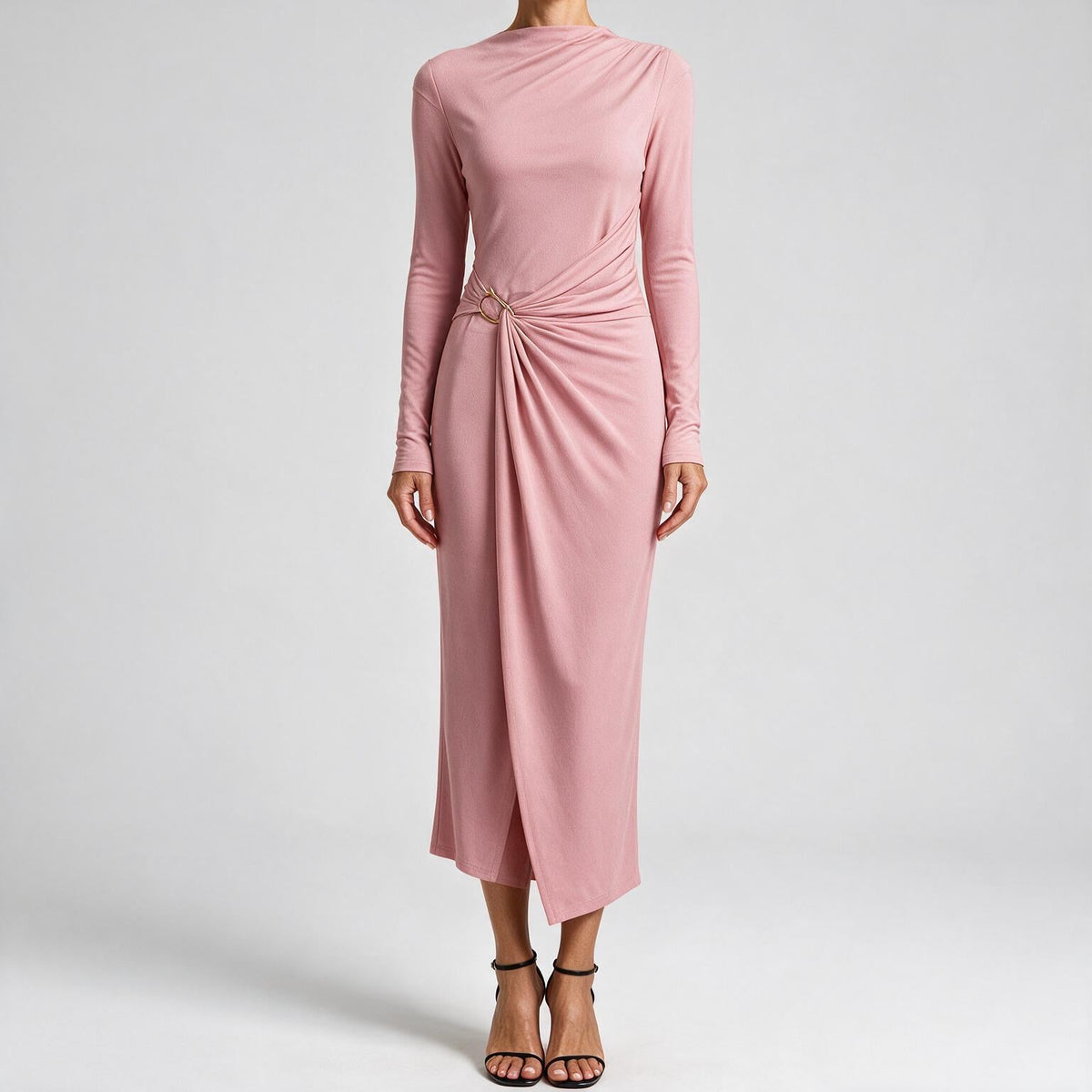 Petra | Womens Wedding Guest Long Sleeve Bodycon Midi Prom Dress Pink