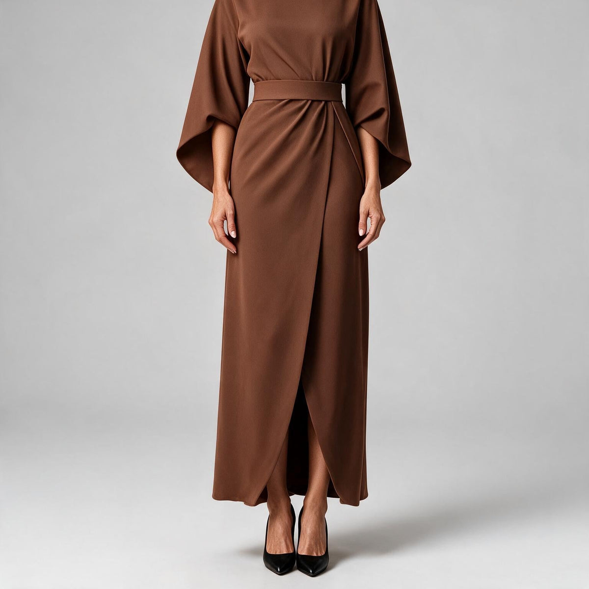 Rhoswen | Womens Wedding Guest Dresses Batwing Sleeve Maxi Elegant Dress Brown