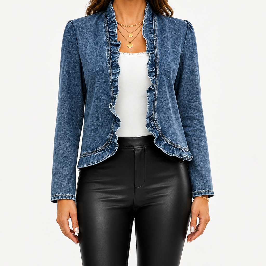 Delphine | Womens Ruffle Cropped Denim Jacket, Blue