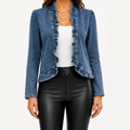 Delphine | Womens Ruffle Cropped Denim Jacket, Blue