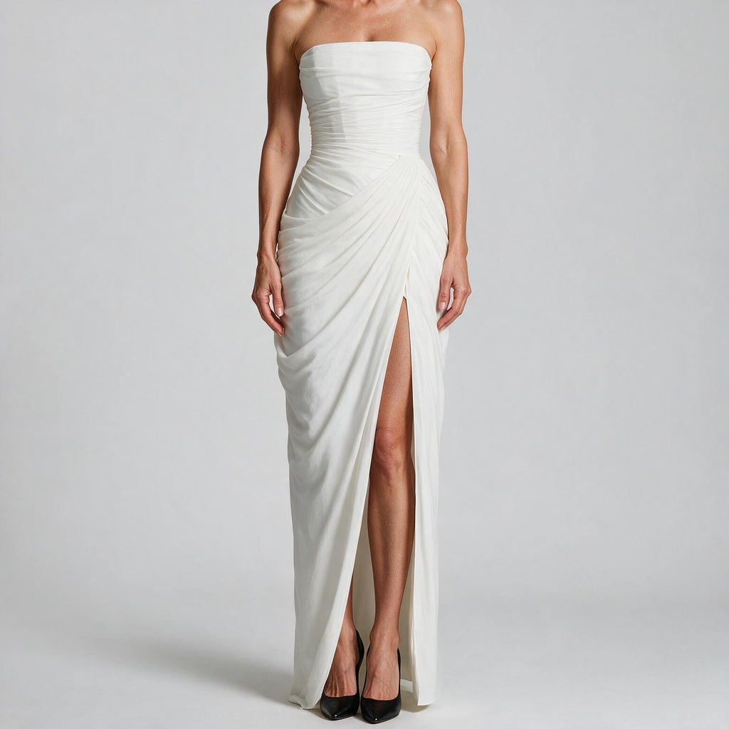 Freya | Womens Strapless Pleated Slit Maxi Wedding Guest Black Tie Summer Dresses White