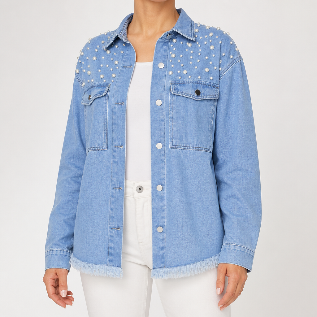 Eleanor | Womens Oversized Beaded Frayed Denim Jacket, Light Blue