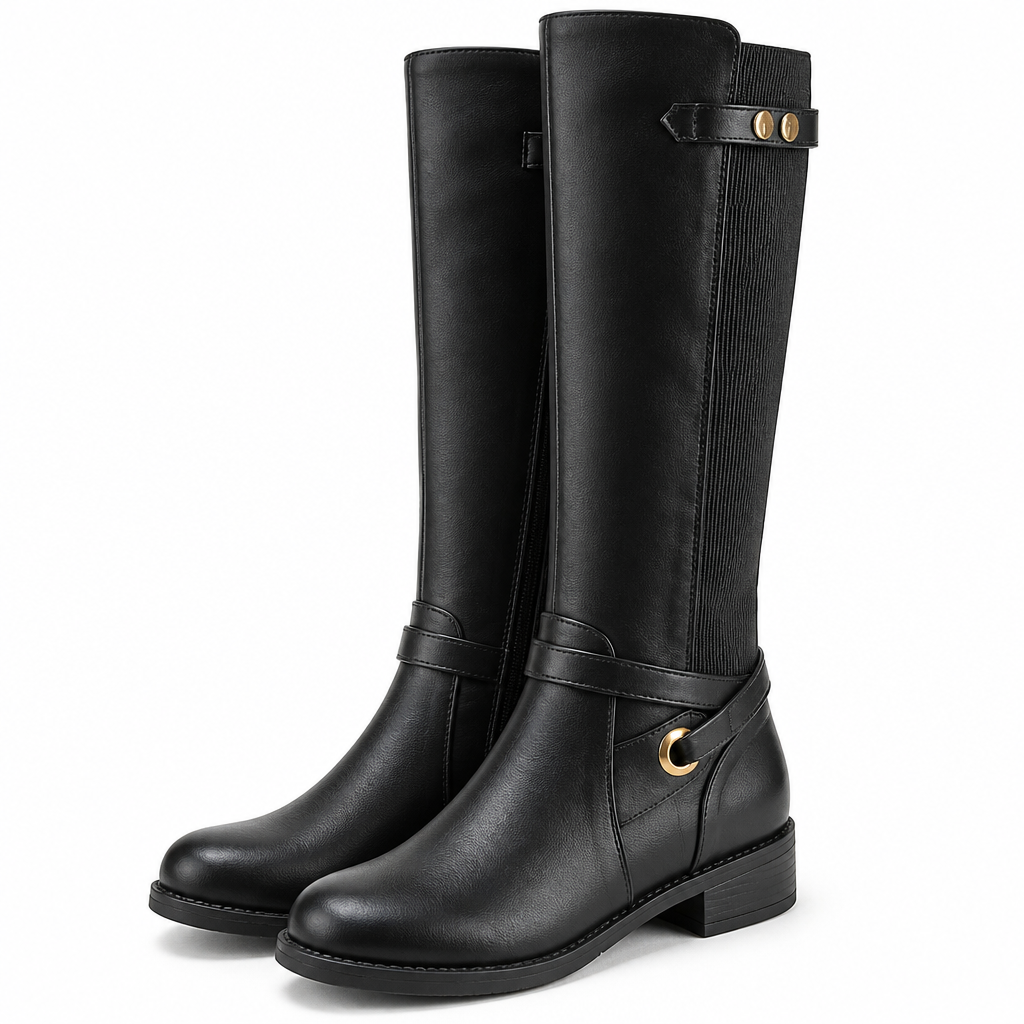Juniper | Womens Knee High Chunky Heel Side Zip Boots Black packshot