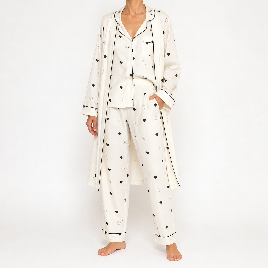 Rosalind | Womens Long Sleeve Button Up Cotton Pyjama Set Loungewear, Cream 12